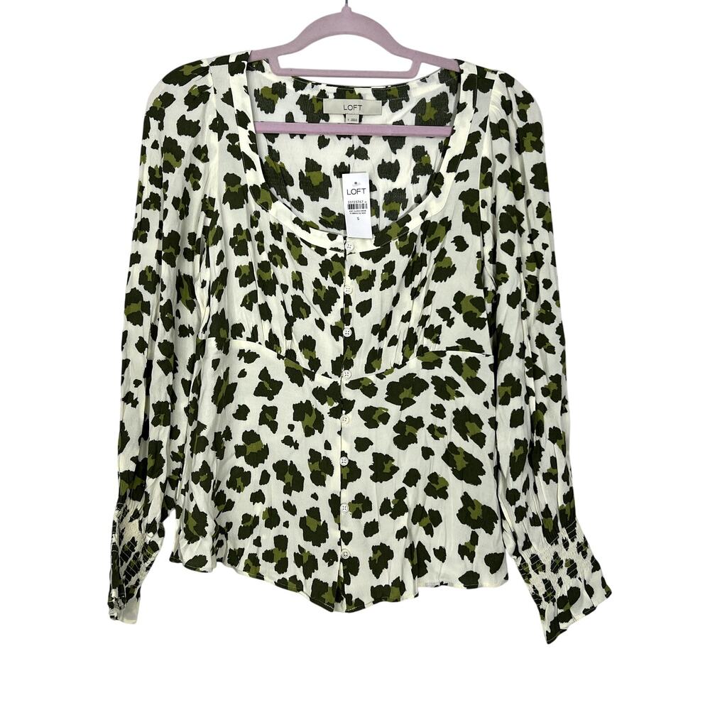 NWT Loft Long Sleeve Ivory w/ Green Animal Print Empire Waist Blouse Top Size S